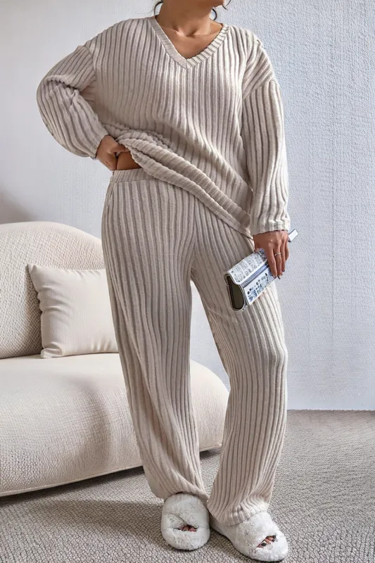 Parchment Plus Size Ribbed V Neck Pullover and Pants Set sold by Beagle Boutique