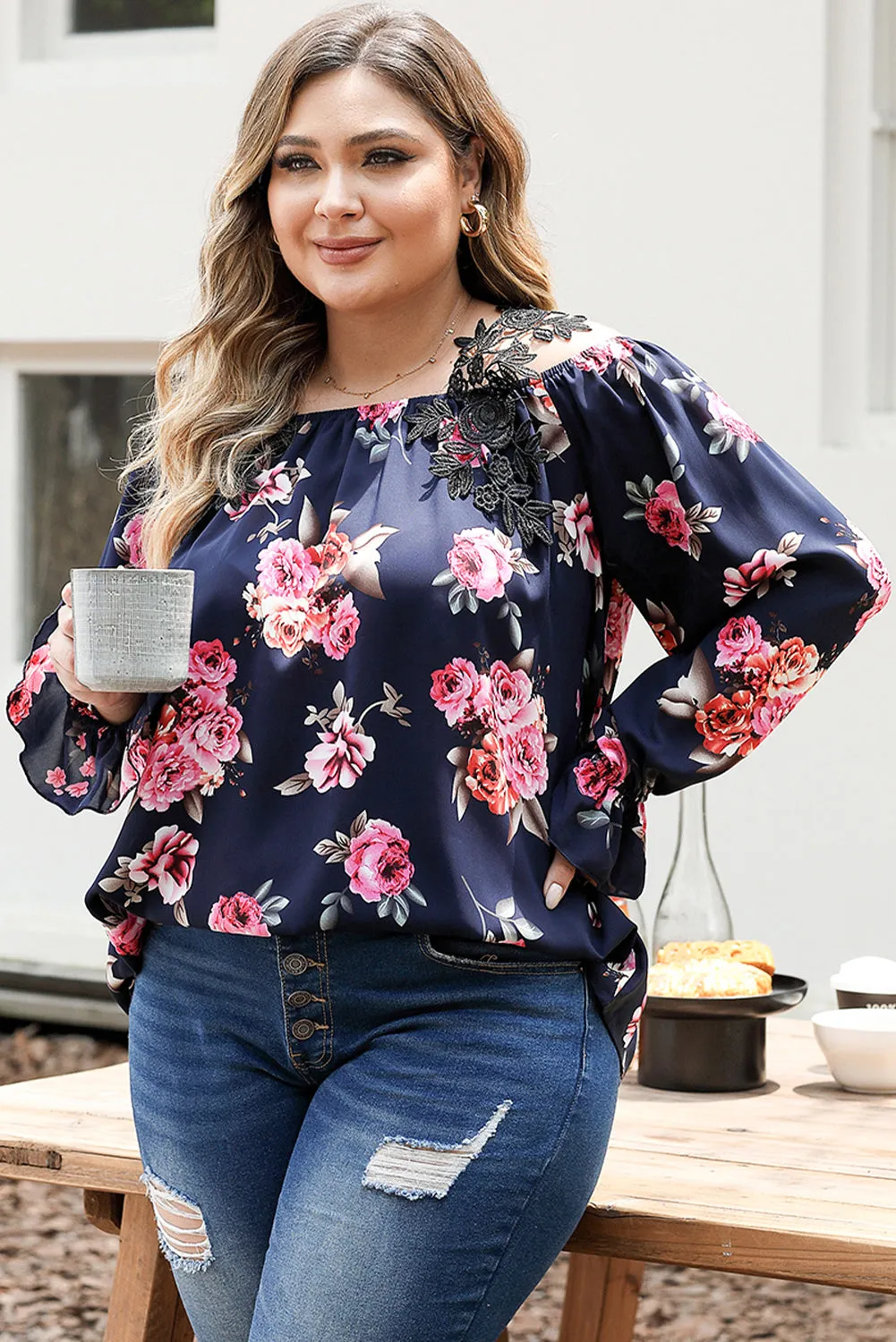 Navy Blue Plus Size Crochet Detail Cold shoulder Floral Blouse sold by Beagle Boutique product image thumbnail 3