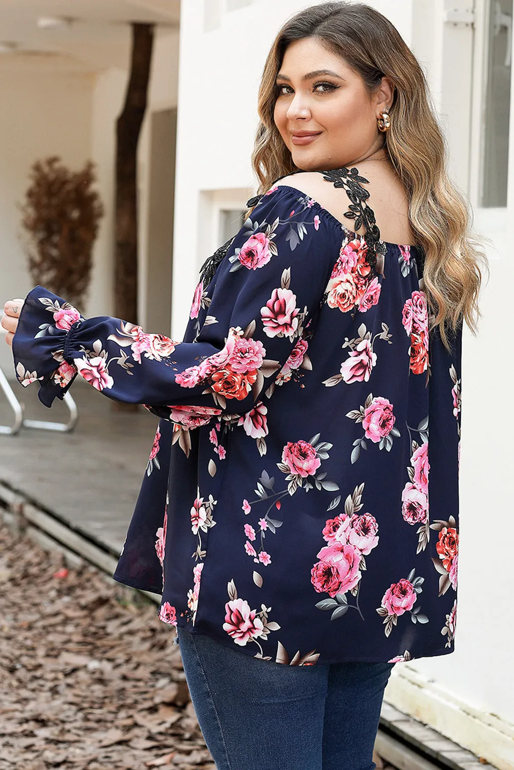 Navy Blue Plus Size Crochet Detail Cold shoulder Floral Blouse sold by Beagle Boutique product image thumbnail 2