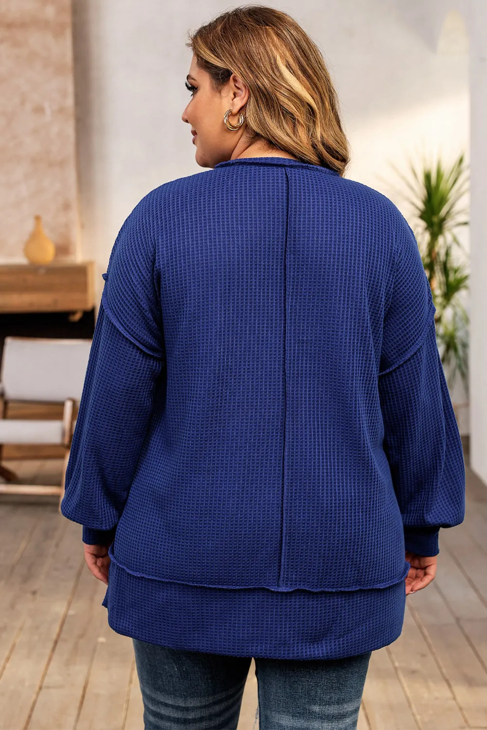 Blue Plus Size Waffle Knit Oversized Exposed Seam Top sold by Beagle Boutique product image thumbnail 2