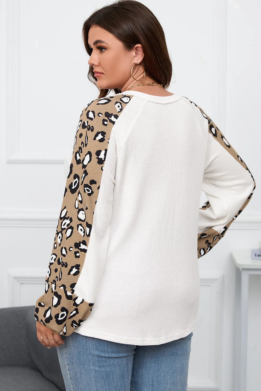 Beige Printed Plus Size Waffle Knit Contrast Leopard Long Sleeve Top sold by Beagle Boutique product image thumbnail 2