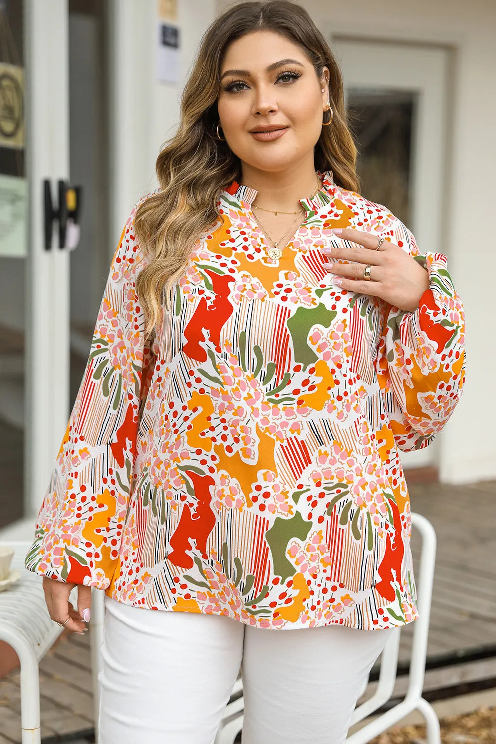 Orange Printed Floral Abstract Print Frilled V Neck Plus Size Blouse sold by Beagle Boutique