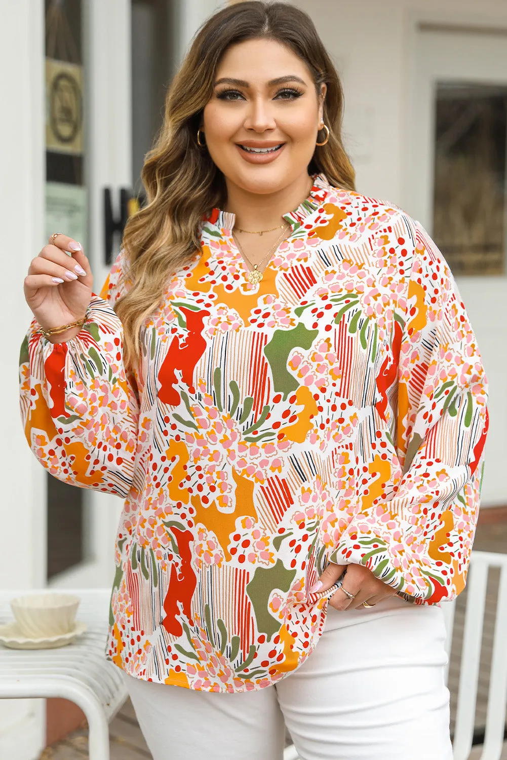Orange Printed Floral Abstract Print Frilled V Neck Plus Size Blouse sold by Beagle Boutique product image thumbnail 3