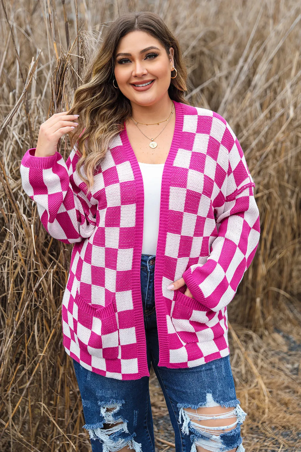 Bonbon Checkered Pattern Open Front Plus Size Cardigan sold by Beagle Boutique