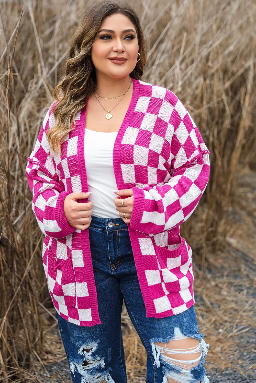 Bonbon Checkered Pattern Open Front Plus Size Cardigan sold by Beagle Boutique product image thumbnail 3