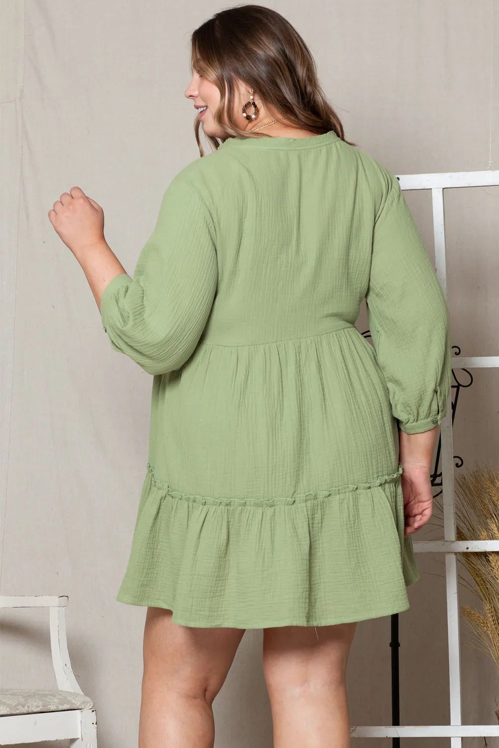 Green Textured Ruffled Buttoned V Neck Plus Size Mini Dress sold by Beagle Boutique product image thumbnail 2