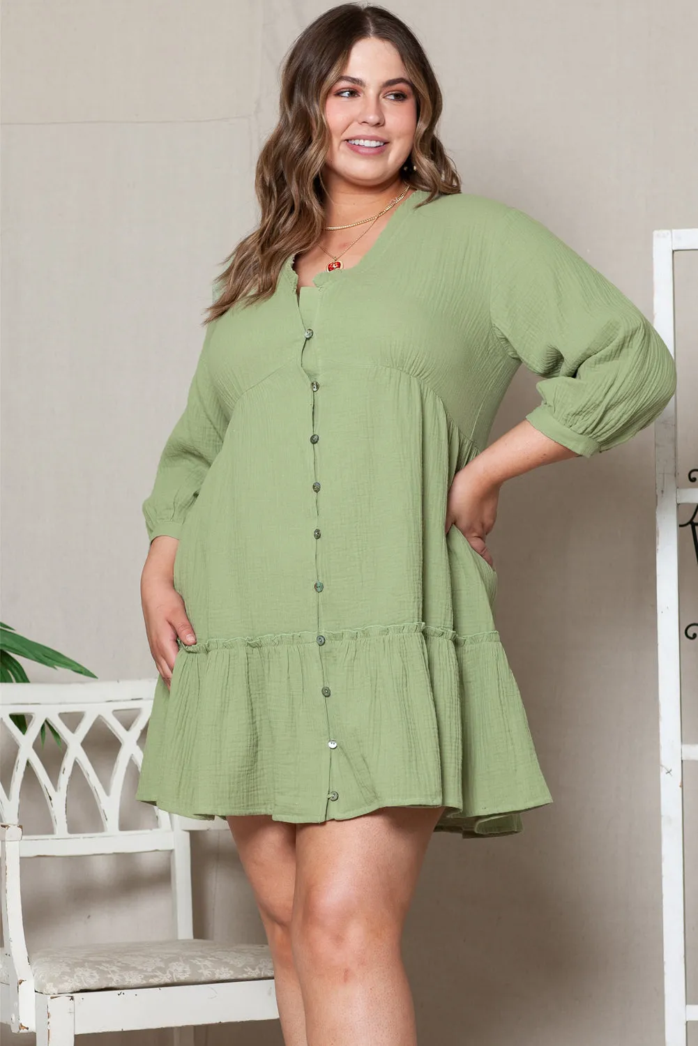Green Textured Ruffled Buttoned V Neck Plus Size Mini Dress sold by Beagle Boutique