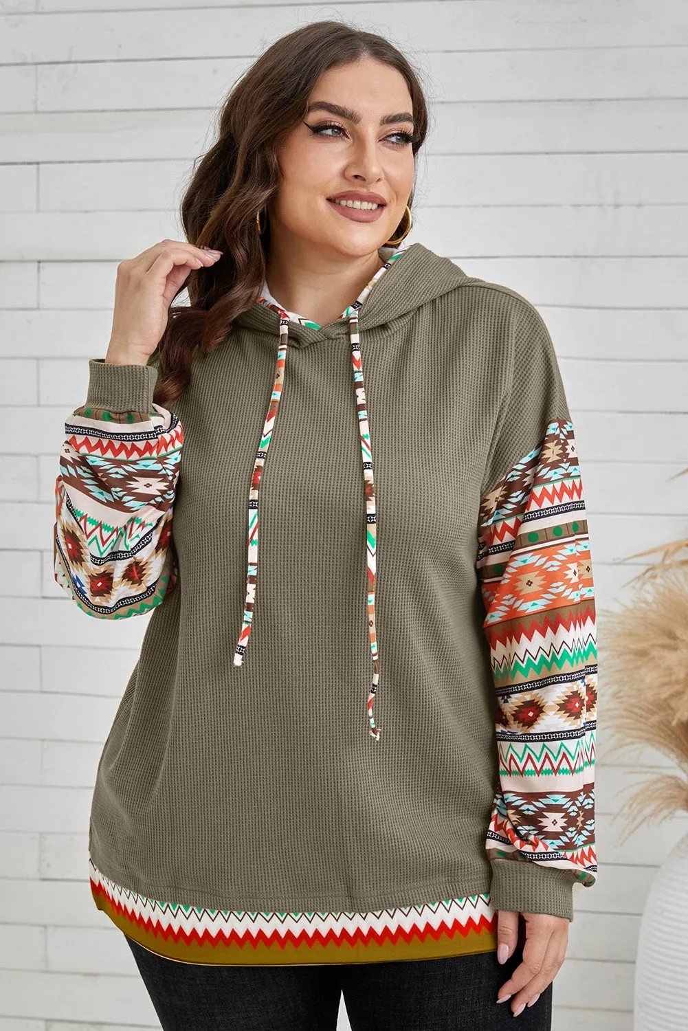 Jungle Green Aztec Patchwork Sleeve Waffle Drawstring Plus Hoodie sold by Beagle Boutique product image thumbnail 3