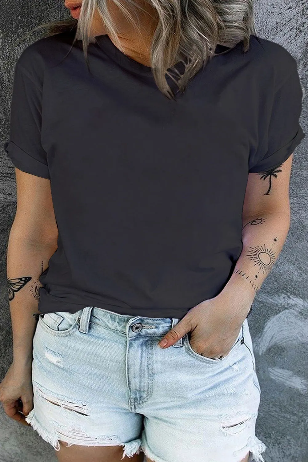 Black Round Neck Rolled Sleeve Plus Size T-shirt sold by Beagle Boutique