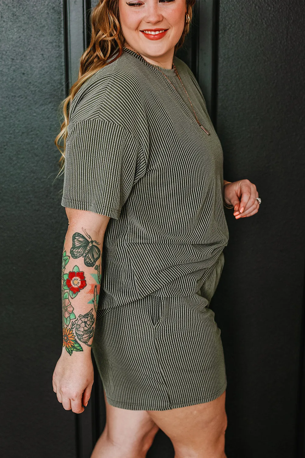 Moss Green Plus Size Rib Knit Short Sleeve Top and Shorts Set sold by Beagle Boutique product image thumbnail 3