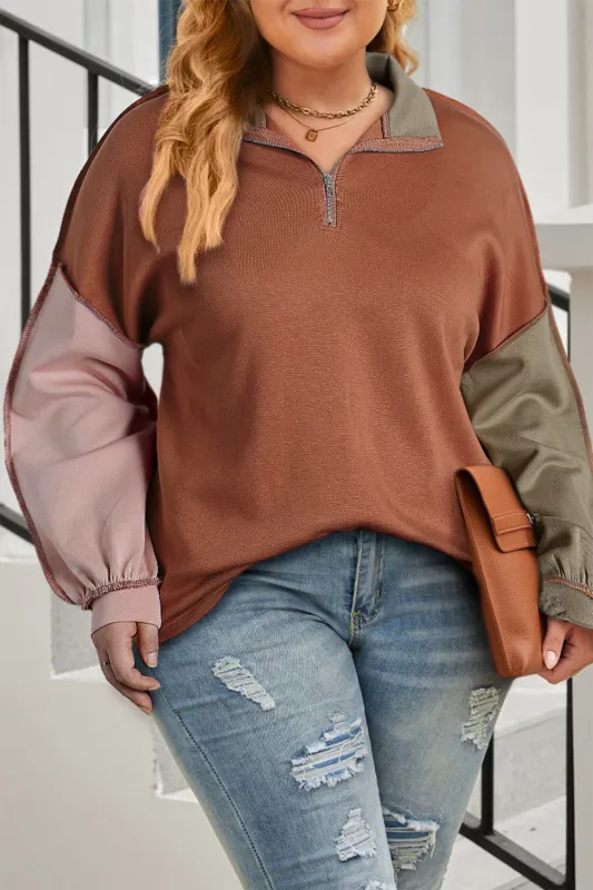 Gold Flame Plus Size Colourblock Exposed Seam Quarter Zip Sweatshirt made by eAura