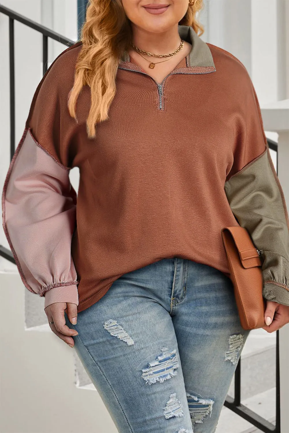 Gold Flame Plus Size Colourblock Exposed Seam Quarter Zip Sweatshirt sold by Beagle Boutique