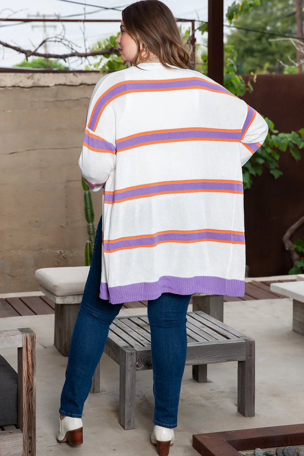 Beige Plus Size Striped Dropped Shoulder Sweater Cardigan sold by Beagle Boutique product image thumbnail 2