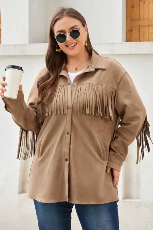 Khaki Fringe Trim Plus Size Suede Shacket sold by Beagle Boutique