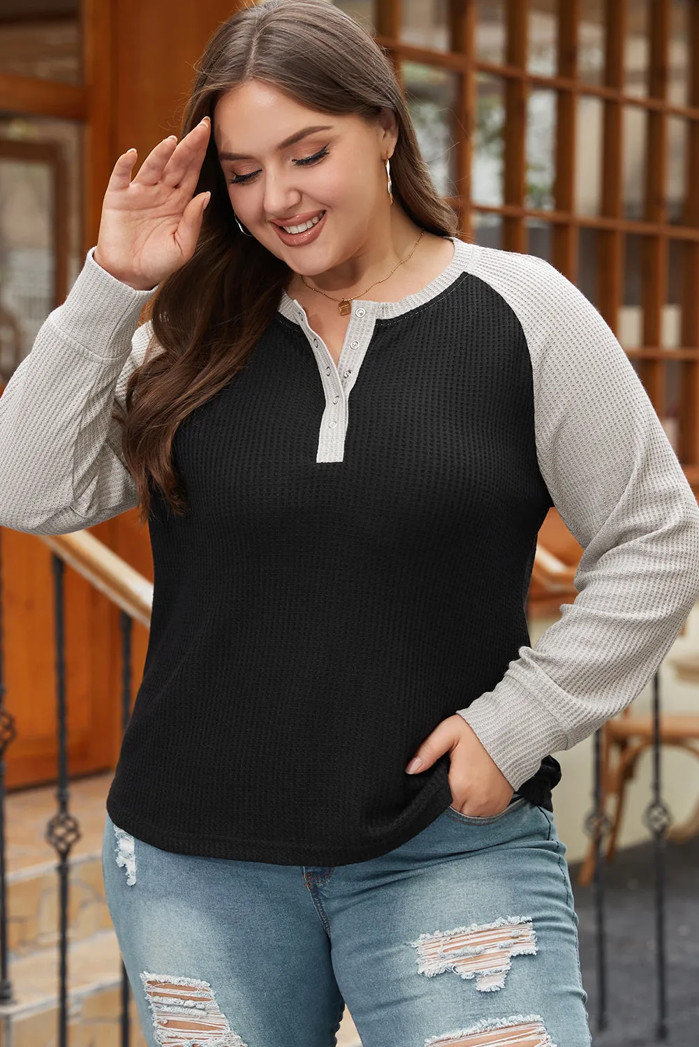 Black Colour Contrast Waffle Knit Buttoned Plus Size Top sold by Beagle Boutique
