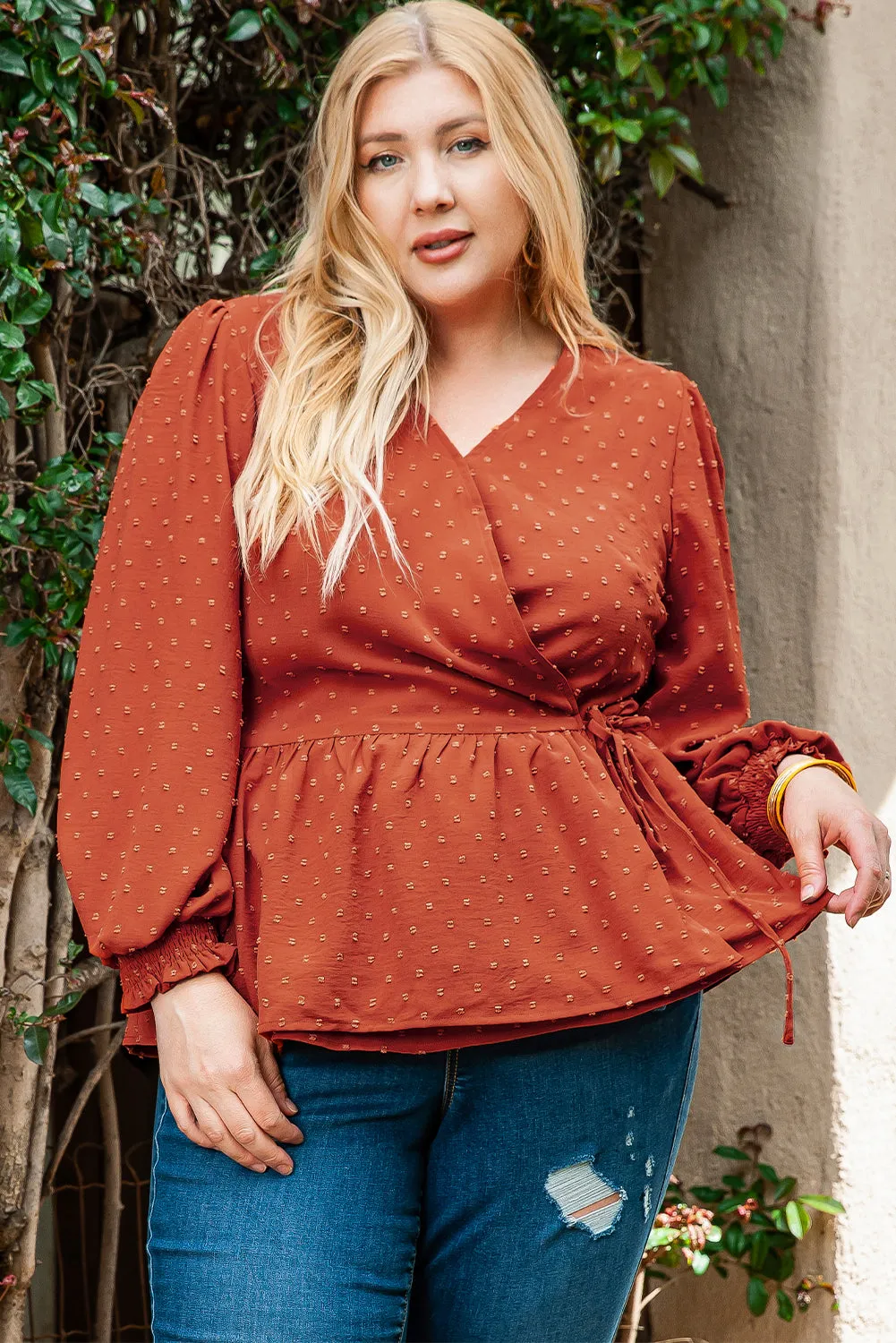 Gold Flame Plus Size Swiss Dot V Neck Wrap Tie Side Blouse sold by Beagle Boutique product image thumbnail 3
