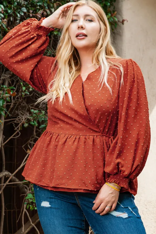 Gold Flame Plus Size Swiss Dot V Neck Wrap Tie Side Blouse sold by Beagle Boutique