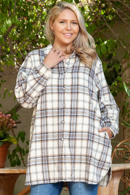 White Plaid Print Tunic Plus Size Shacket with Slits sold by Beagle Boutique