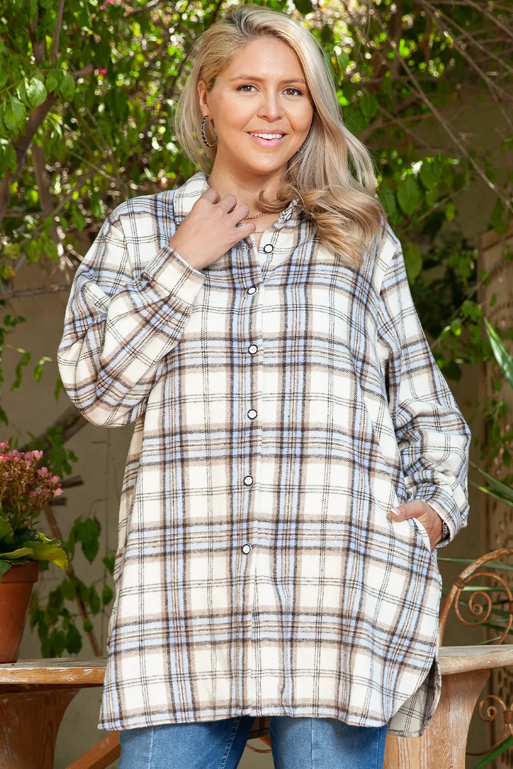 White Plaid Print Tunic Plus Size Shacket with Slits sold by Beagle Boutique