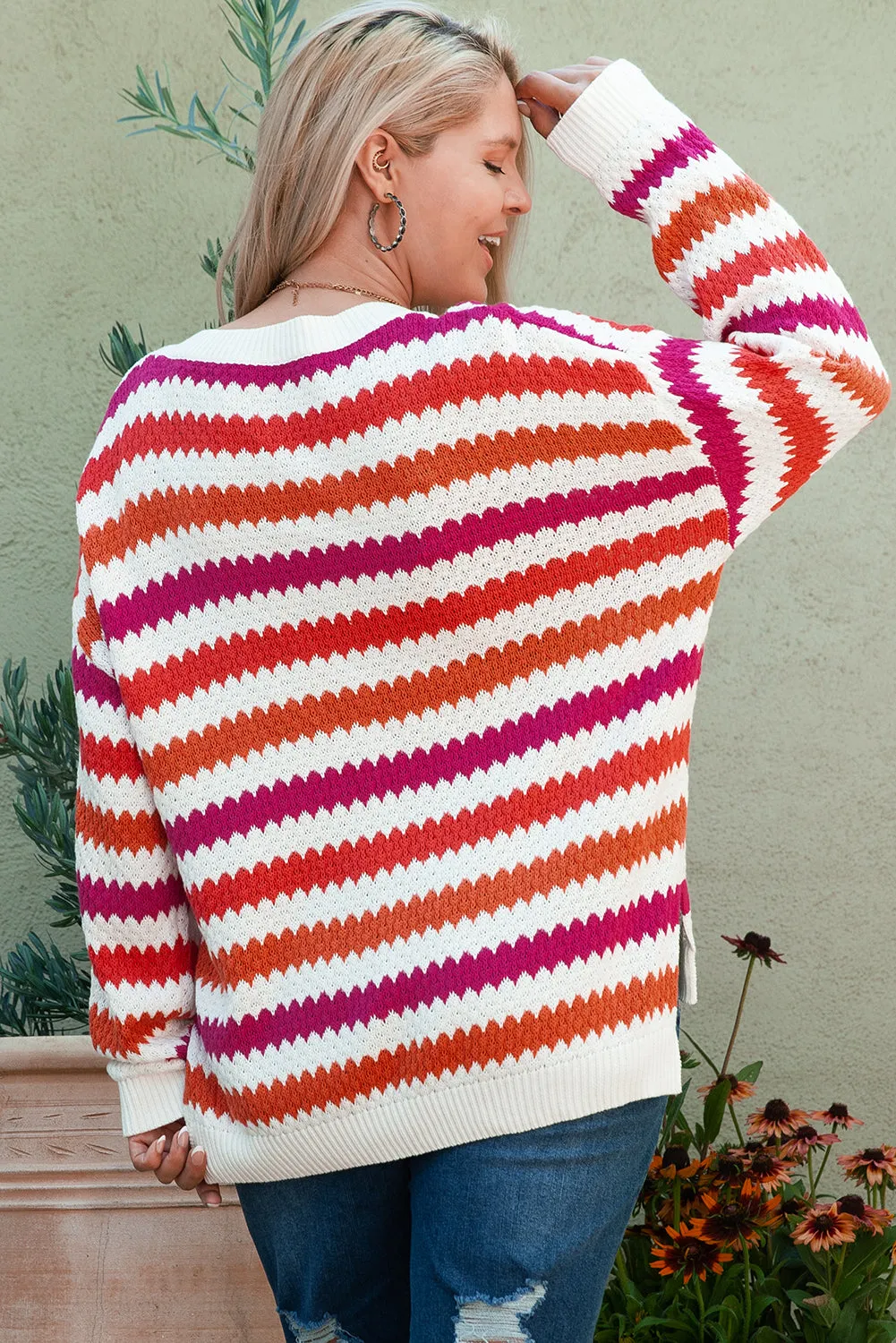 Pink Stripe V Neck Drop Shoulder Plus Size Sweater sold by Beagle Boutique product image thumbnail 2