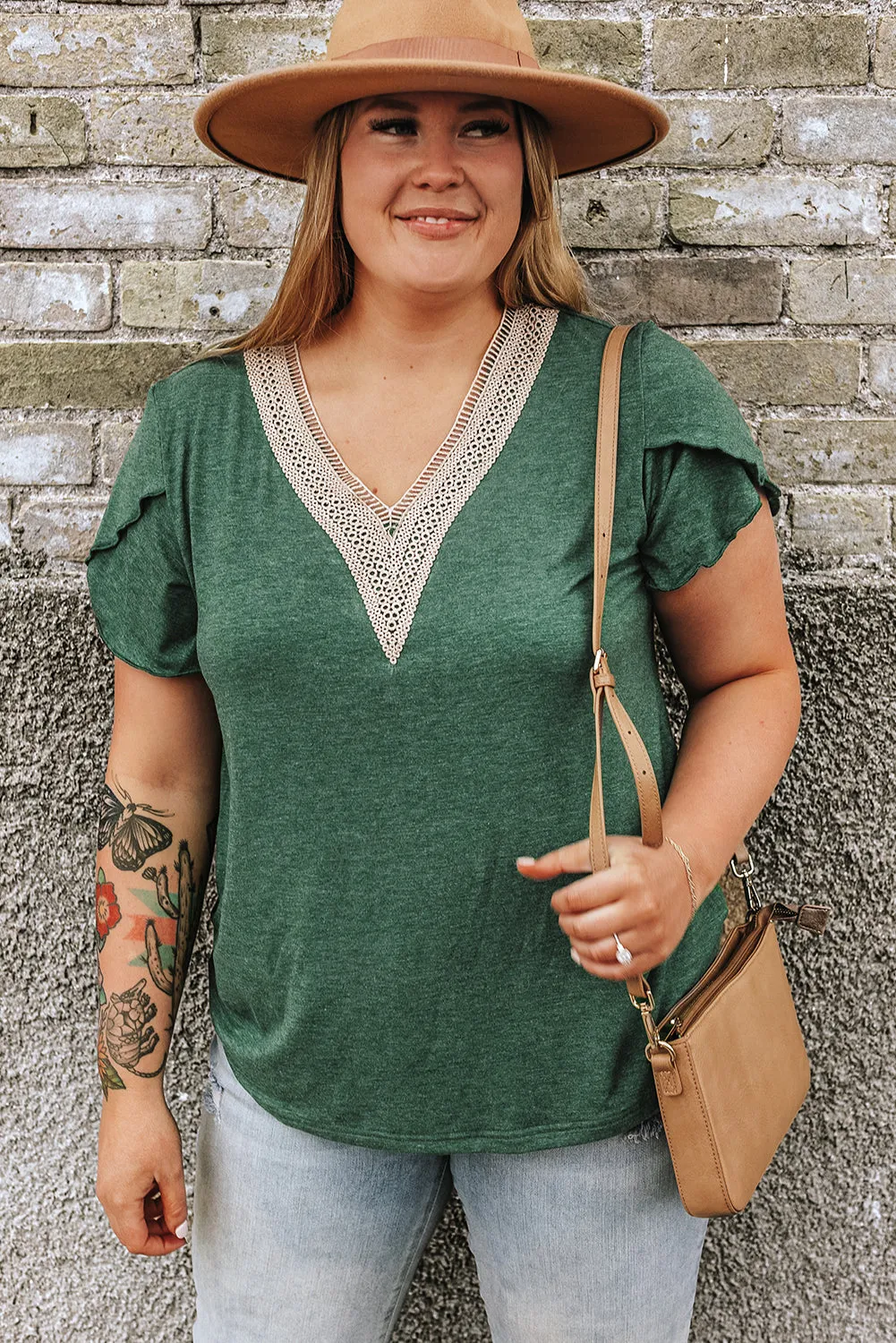 Blackish Green Plus Size Embroidery V Neck Draped Sleeve Blouse sold by Beagle Boutique
