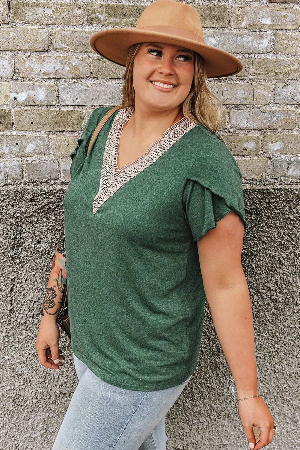 Blackish Green Plus Size Embroidery V Neck Draped Sleeve Blouse sold by Beagle Boutique product image thumbnail 3