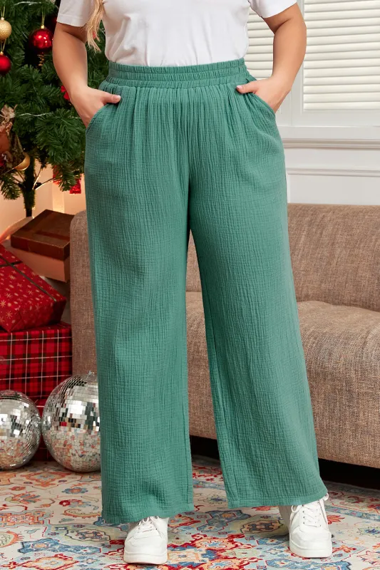 Smoke Green Plus Size Textured Frayed Edge Wide Leg Trousers made by Beagle Boutique