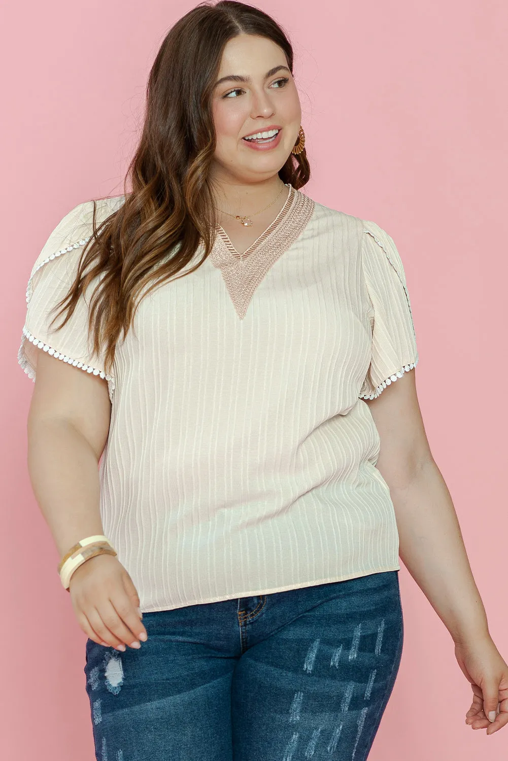 Beige Plus Contrast Guipure Lace Petal Sleeve Blouse sold by Beagle Boutique product image thumbnail 3