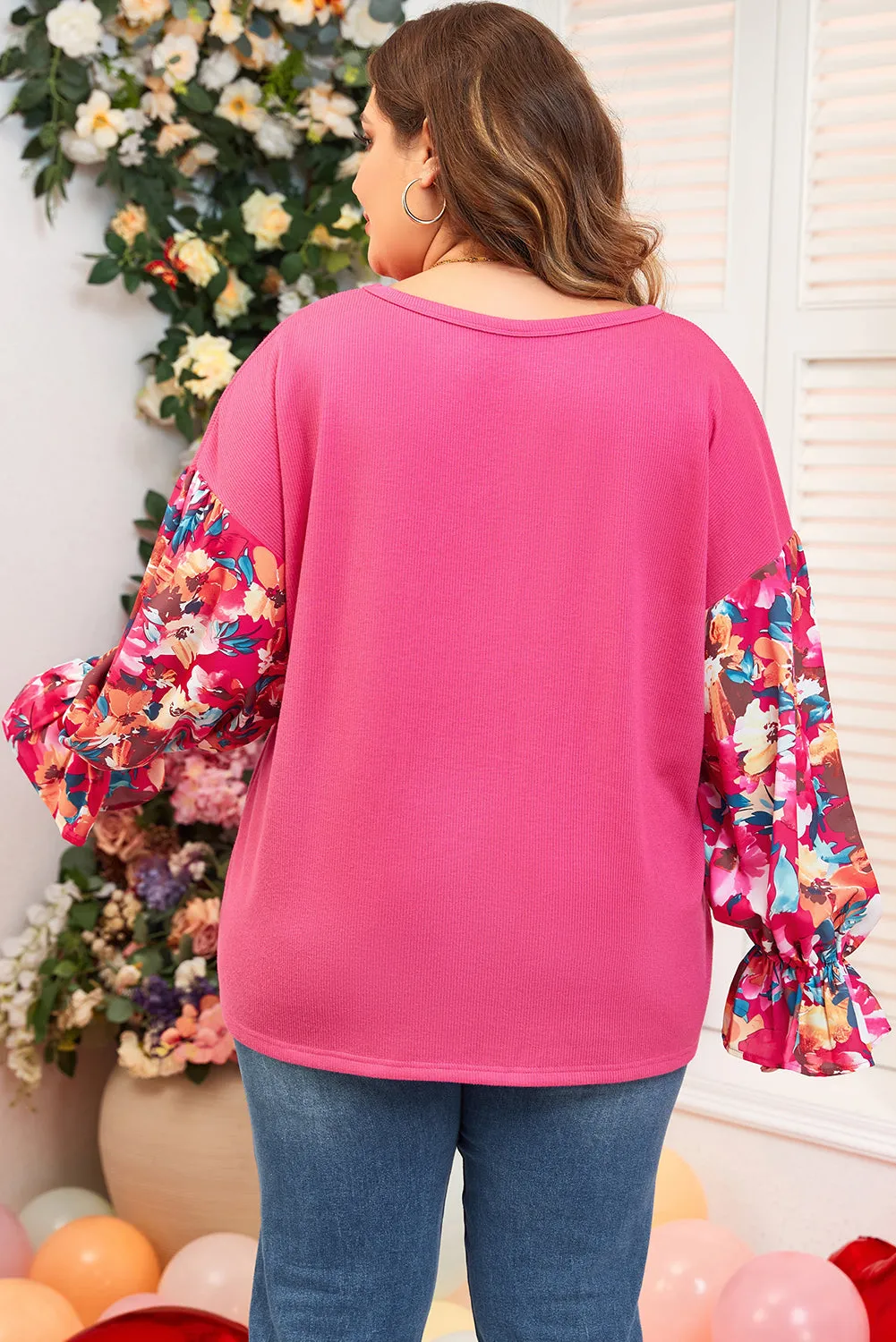 Bright Pink Floral Patchwork Flounce Sleeve Rib Knit Plus Top sold by Beagle Boutique product image thumbnail 2