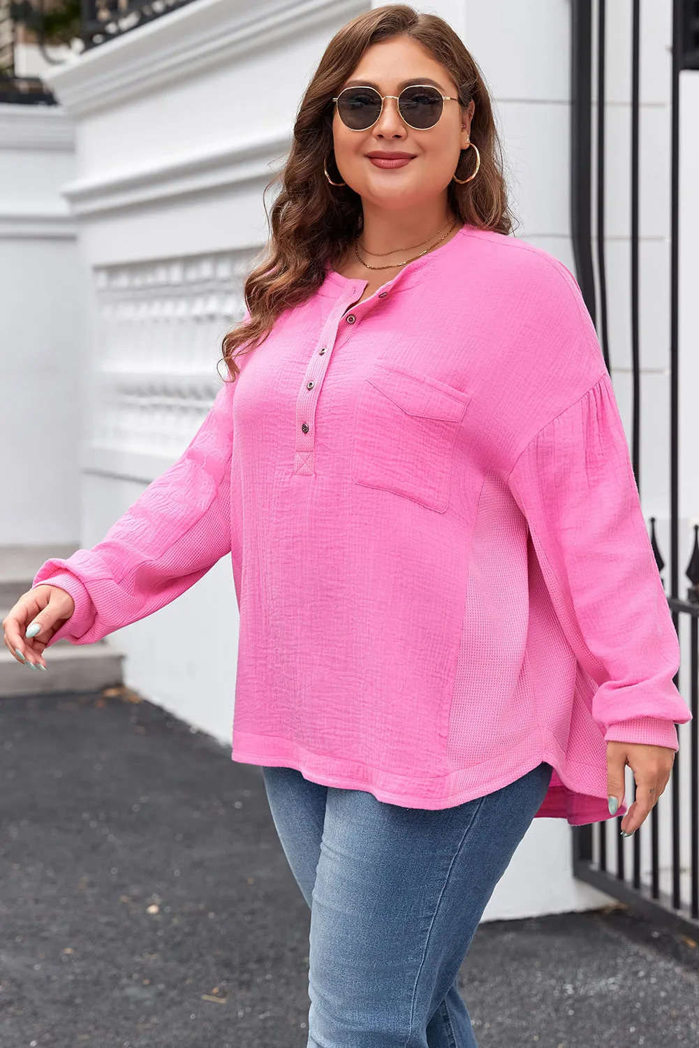 Bonbon Half Buttons Chest Pocket Drop Sleeve Plus Size Top sold by Beagle Boutique product image thumbnail 3