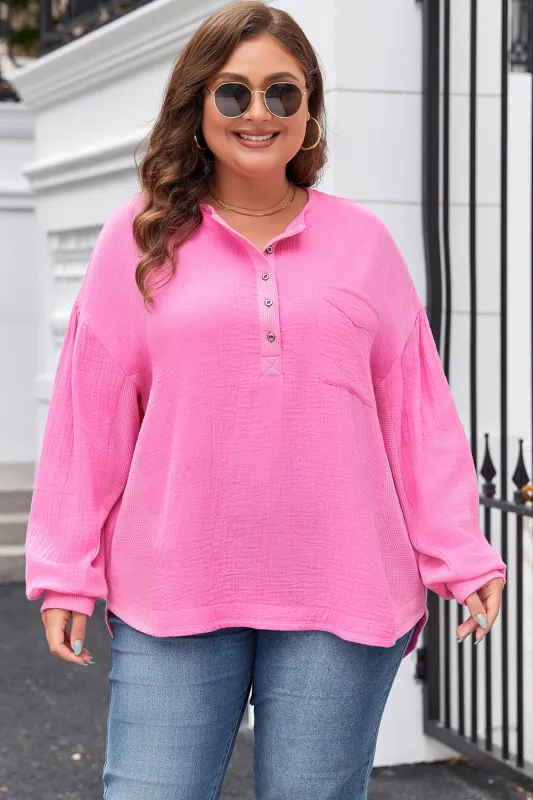 Bonbon Half Buttons Chest Pocket Drop Sleeve Plus Size Top sold by Beagle Boutique