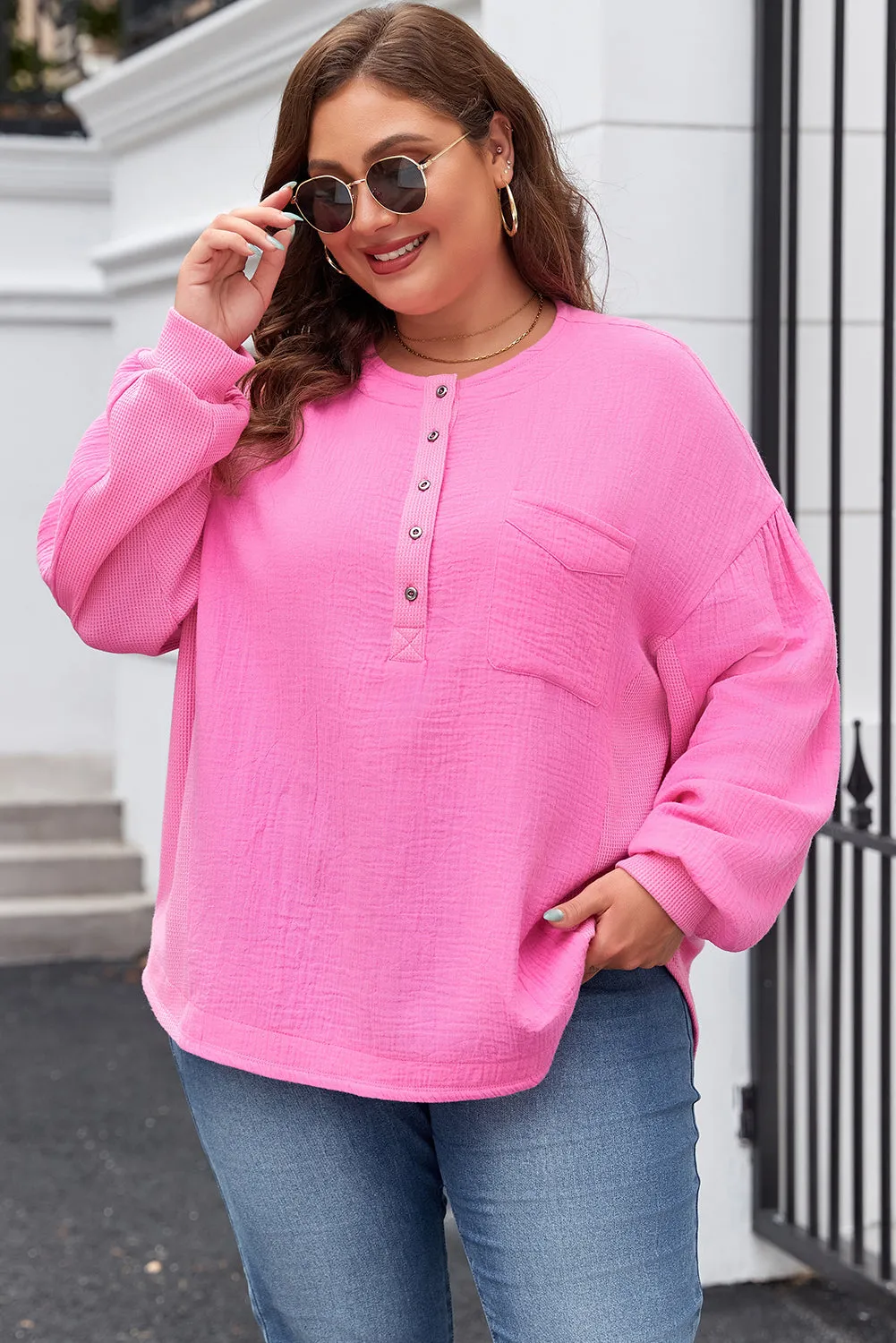 Bonbon Half Buttons Chest Pocket Drop Sleeve Plus Size Top sold by Beagle Boutique product image thumbnail 4