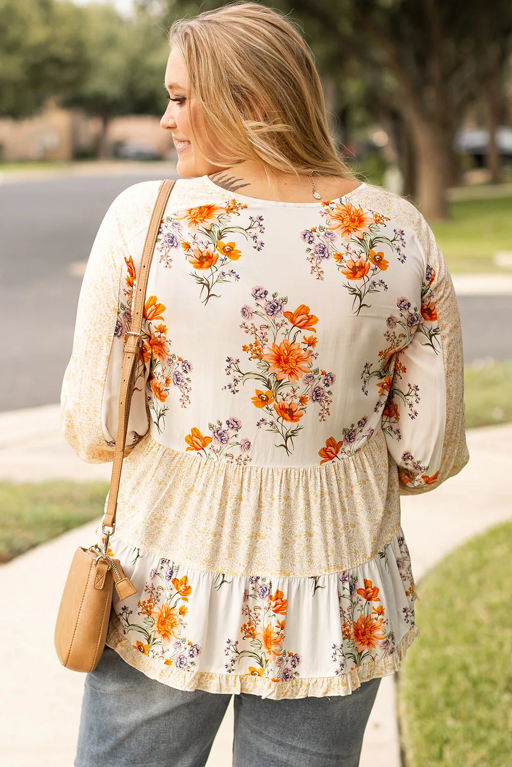 White Plus Size Floral Print V Neck Puff Sleeve Blouse sold by Beagle Boutique product image thumbnail 2