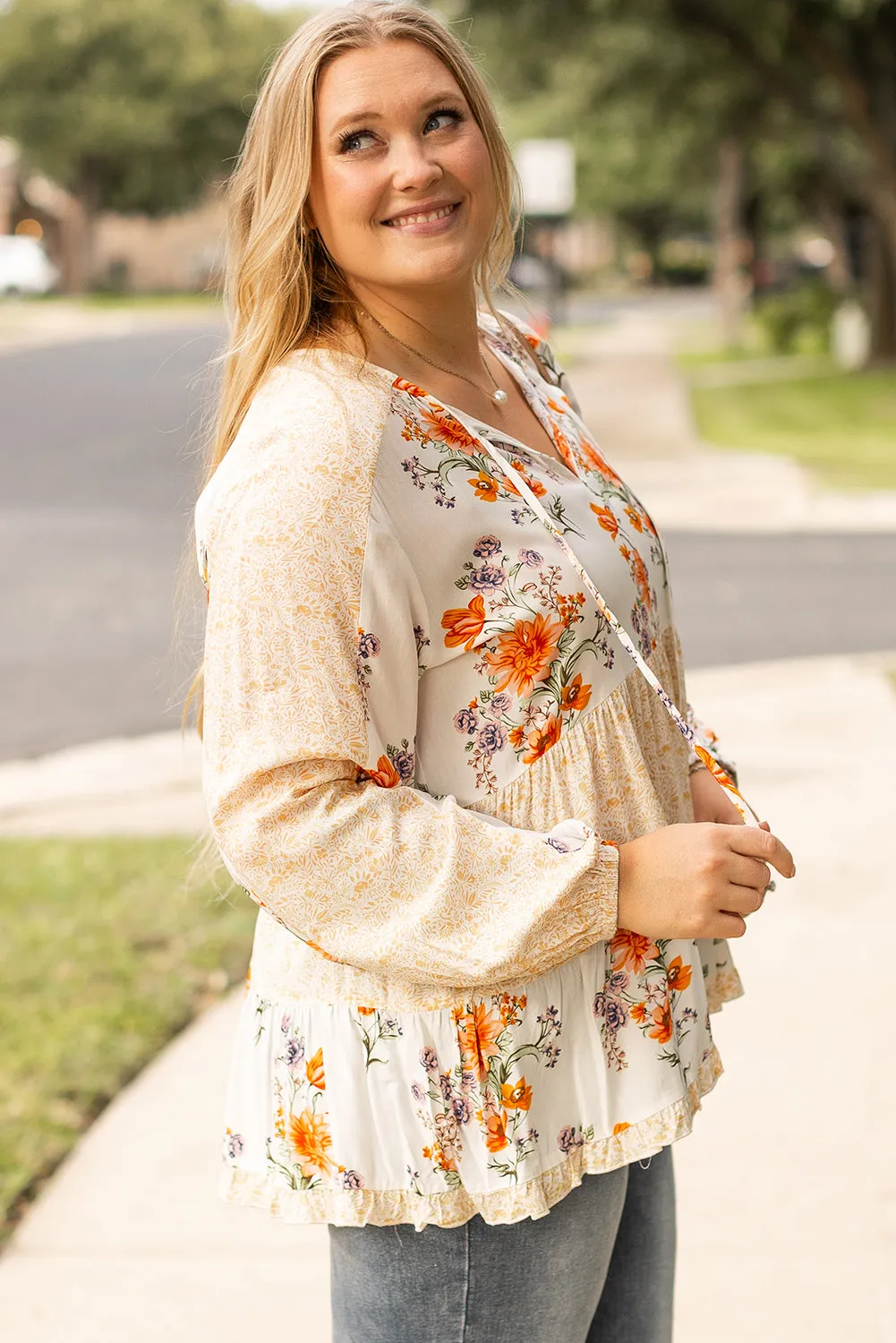 White Plus Size Floral Print V Neck Puff Sleeve Blouse sold by Beagle Boutique product image thumbnail 3