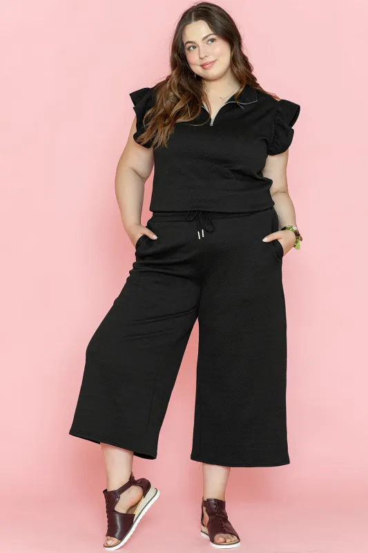 Black Plus Ruffled Sleeve Quarter Zip Top Wide Leg Trousers Set sold by Beagle Boutique