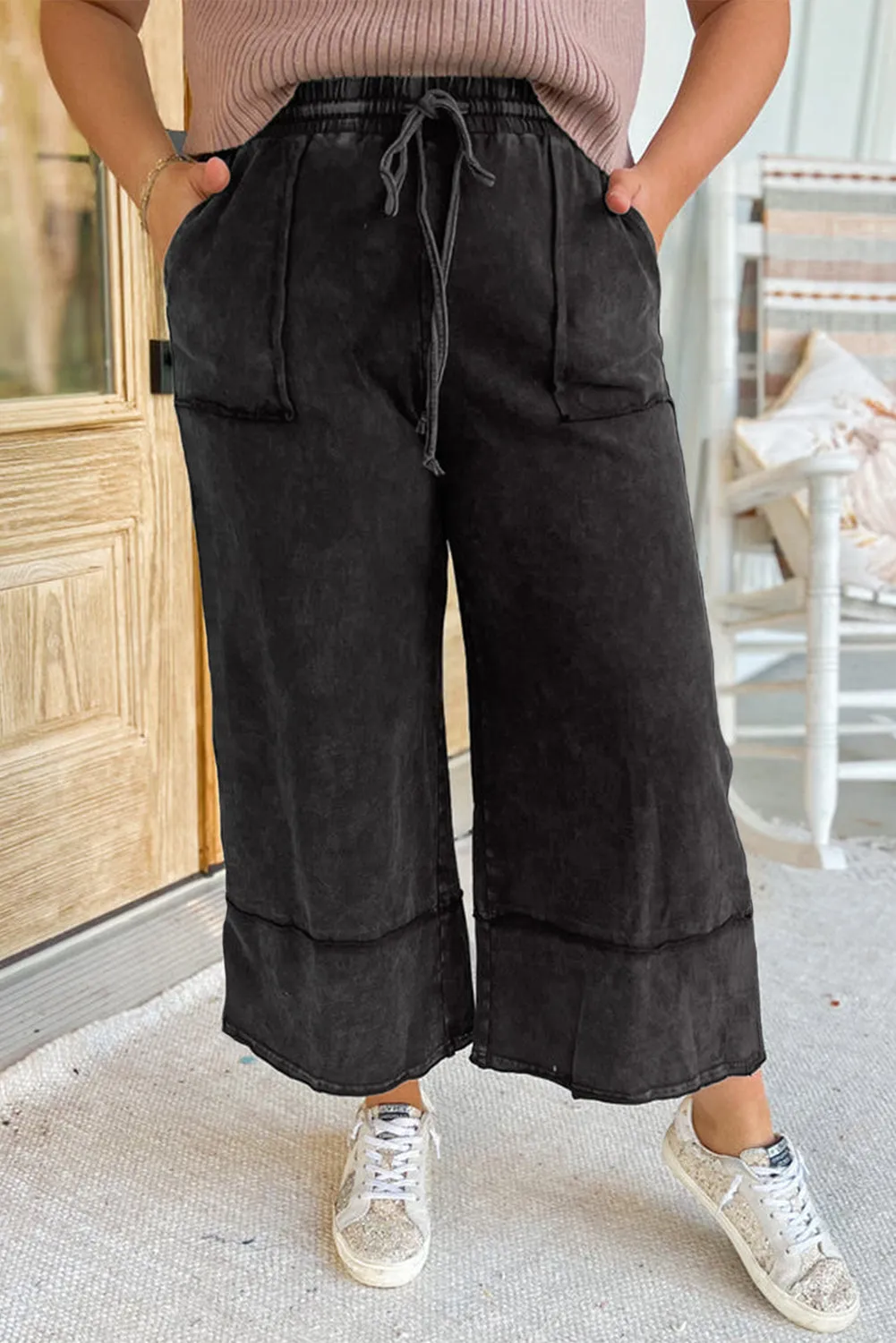 Black Plus Mineral Wash Exposed Seam Wide Leg Cropped Pants sold by Beagle Boutique product image thumbnail 2