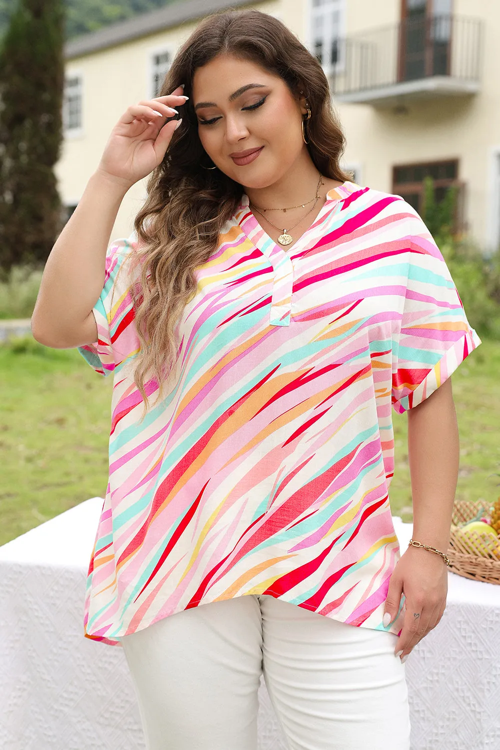 White Abstract Print Short Sleeve Notched Neck Plus Size Top sold by Beagle Boutique product image thumbnail 3