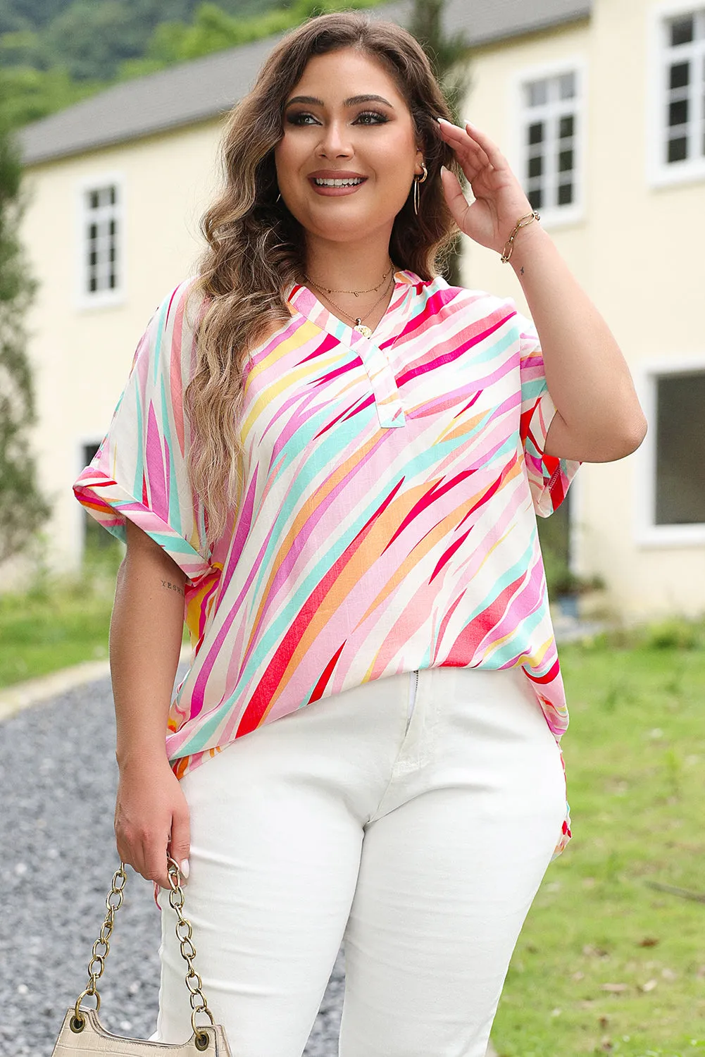 White Abstract Print Short Sleeve Notched Neck Plus Size Top sold by Beagle Boutique