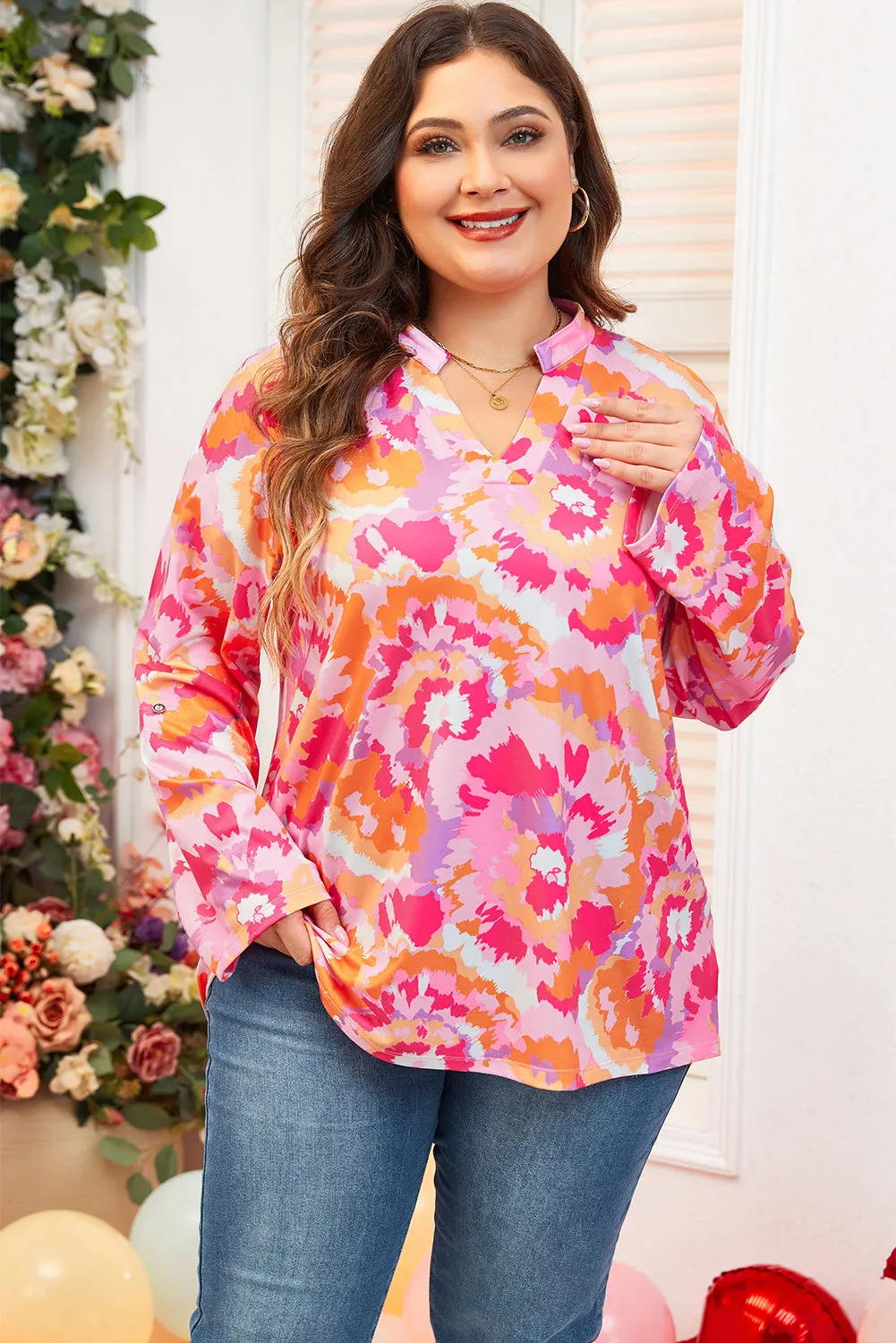 Pink Plus Size Abstract Floral Print V Neck Blouse sold by Beagle Boutique product image thumbnail 3