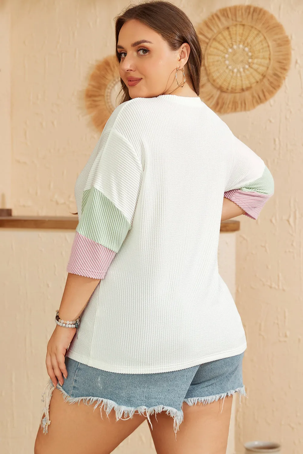 White Textured Colourblock Patchwork Half Sleeve Plus T Shirt sold by Beagle Boutique product image thumbnail 2