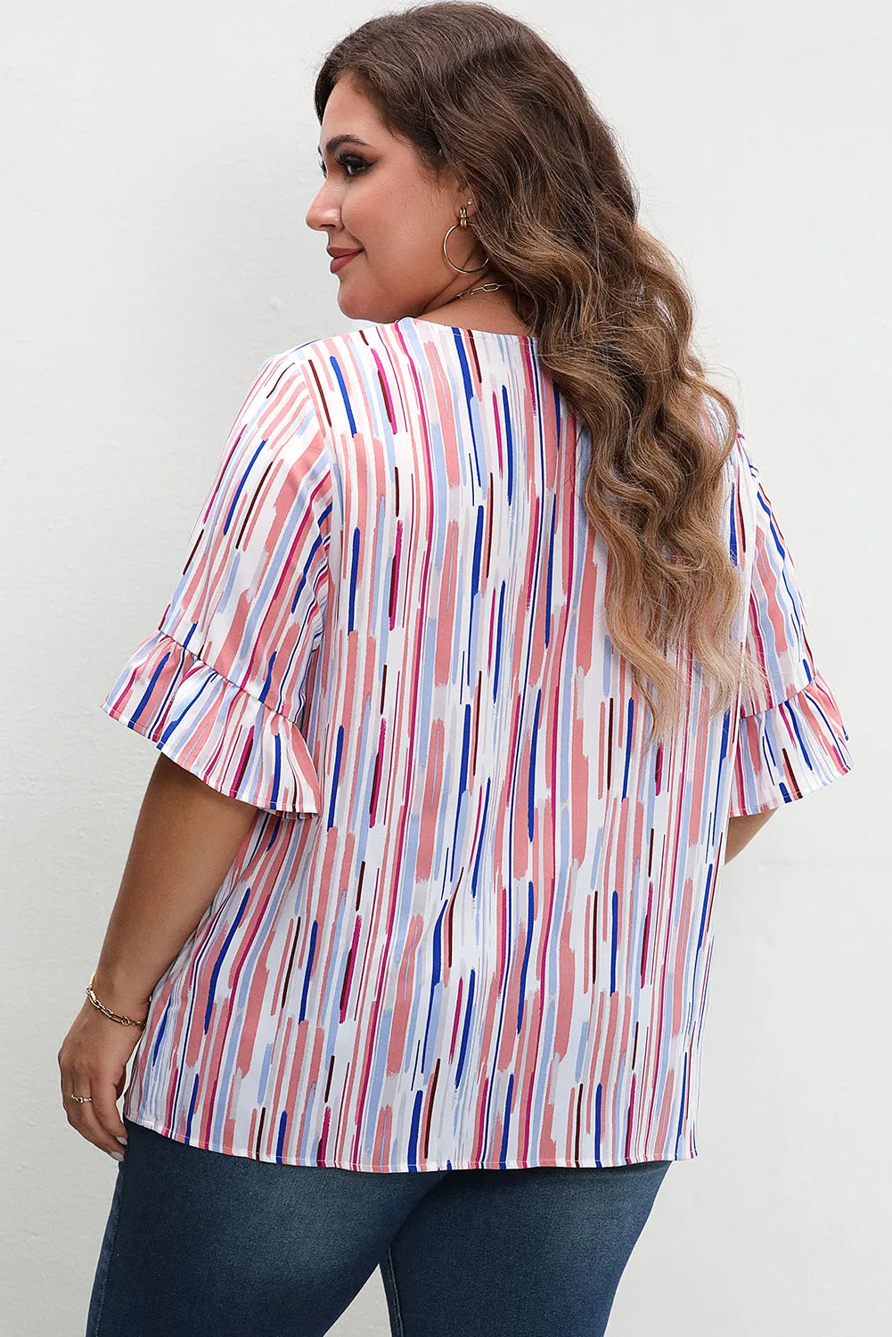 White Stripe Ruffled Short Sleeve Plus Size Blouse sold by Beagle Boutique product image thumbnail 2
