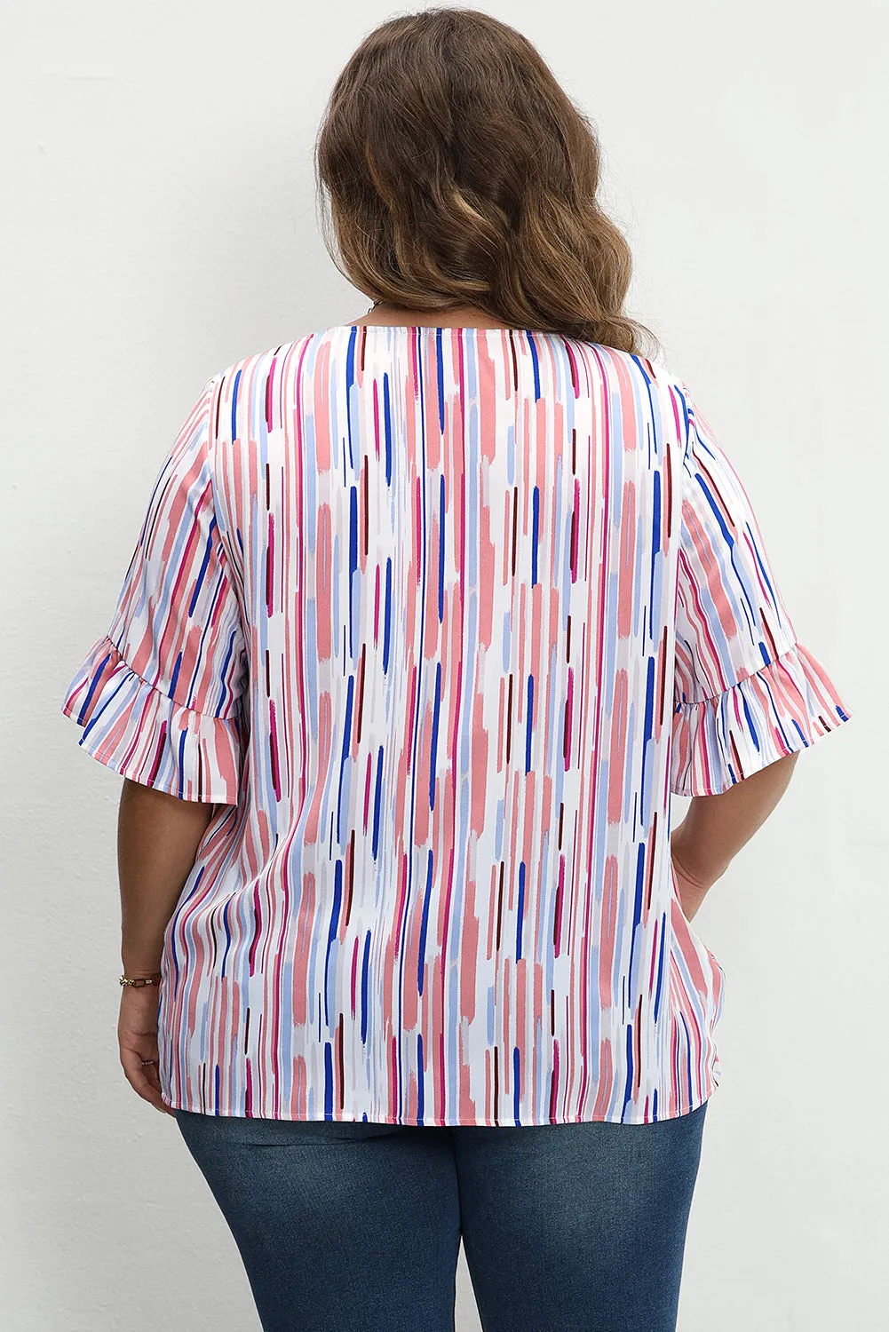 White Stripe Ruffled Short Sleeve Plus Size Blouse sold by Beagle Boutique product image thumbnail 3