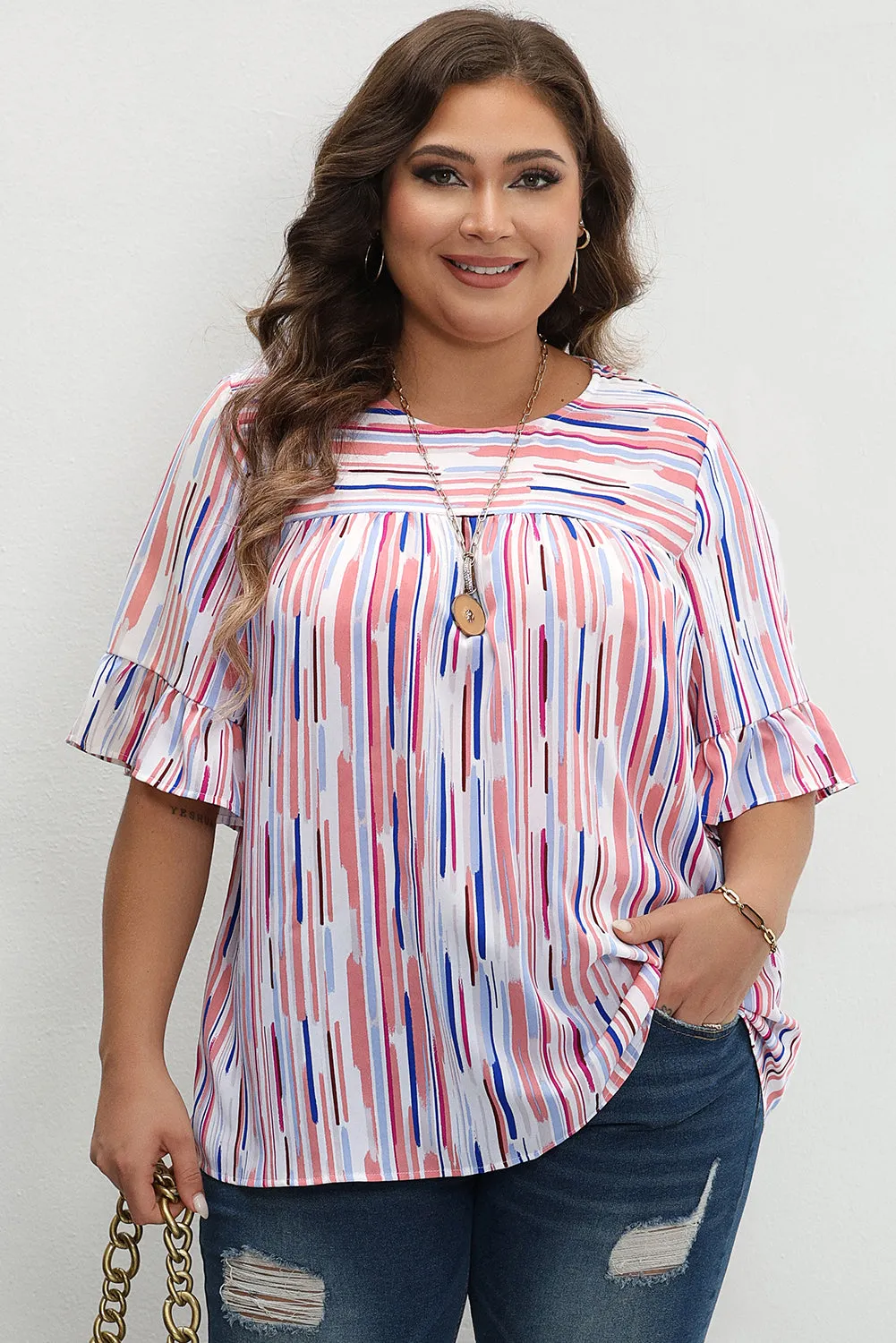 White Stripe Ruffled Short Sleeve Plus Size Blouse sold by Beagle Boutique