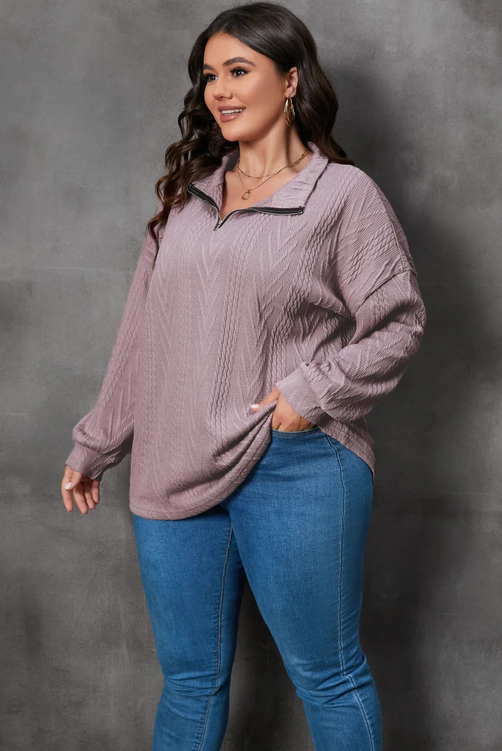 Plus Size Textured Knit Zip Neck Pullover sold by Beagle Boutique product image thumbnail 3