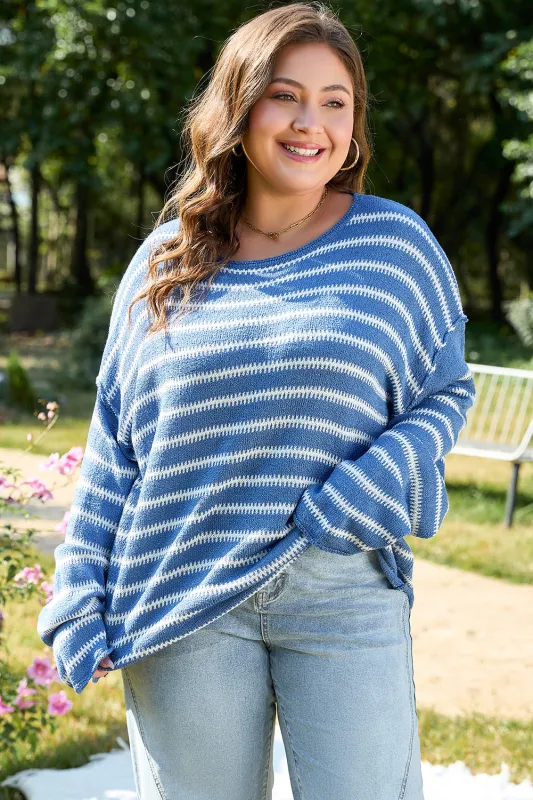 Sky Blue Stripe Drop Shoulder O Neck Plus Size Sweater sold by Beagle Boutique