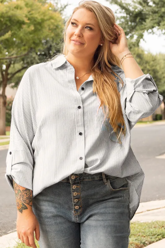 White Stripe Rolled Tab Sleeve Buttoned Plus Size Shirt sold by Beagle Boutique