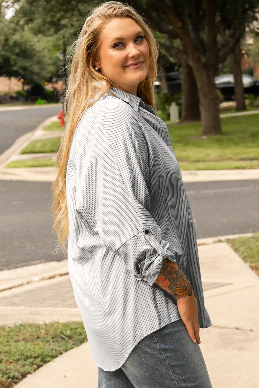 White Stripe Rolled Tab Sleeve Buttoned Plus Size Shirt sold by Beagle Boutique product image thumbnail 3