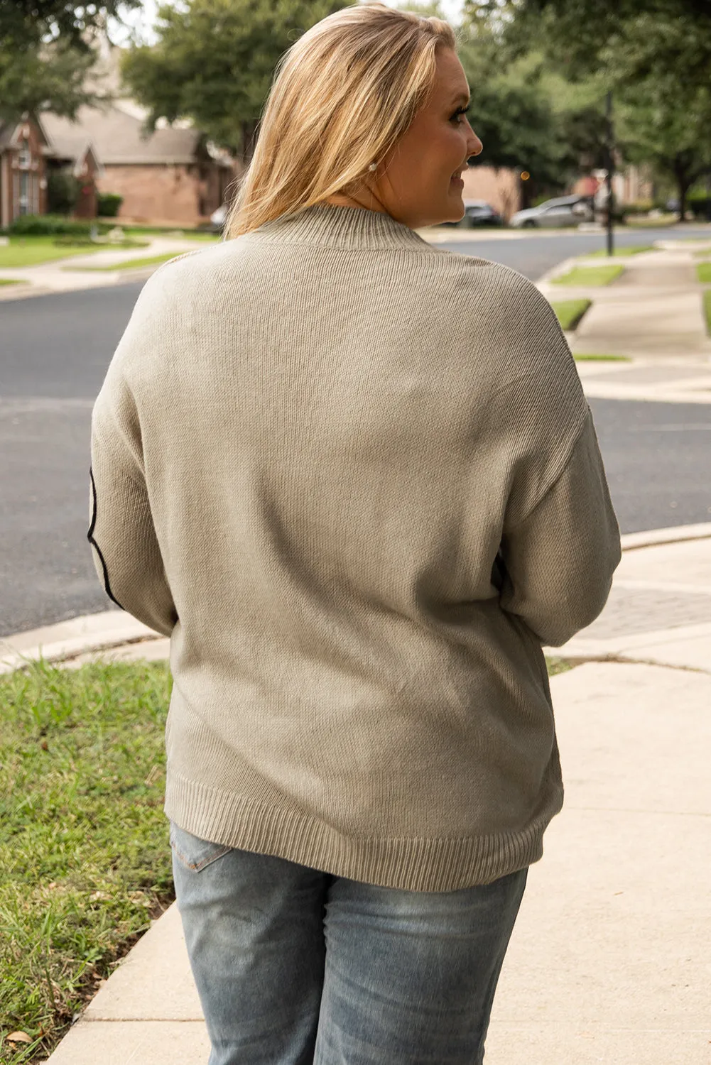 Dark Khaki Plus Size Big Flower Pattern High Neck Drop Shoulder Sweater sold by Beagle Boutique product image thumbnail 2