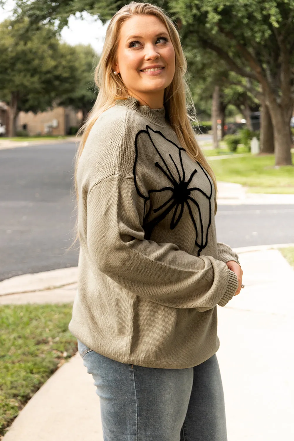 Dark Khaki Plus Size Big Flower Pattern High Neck Drop Shoulder Sweater sold by Beagle Boutique product image thumbnail 3