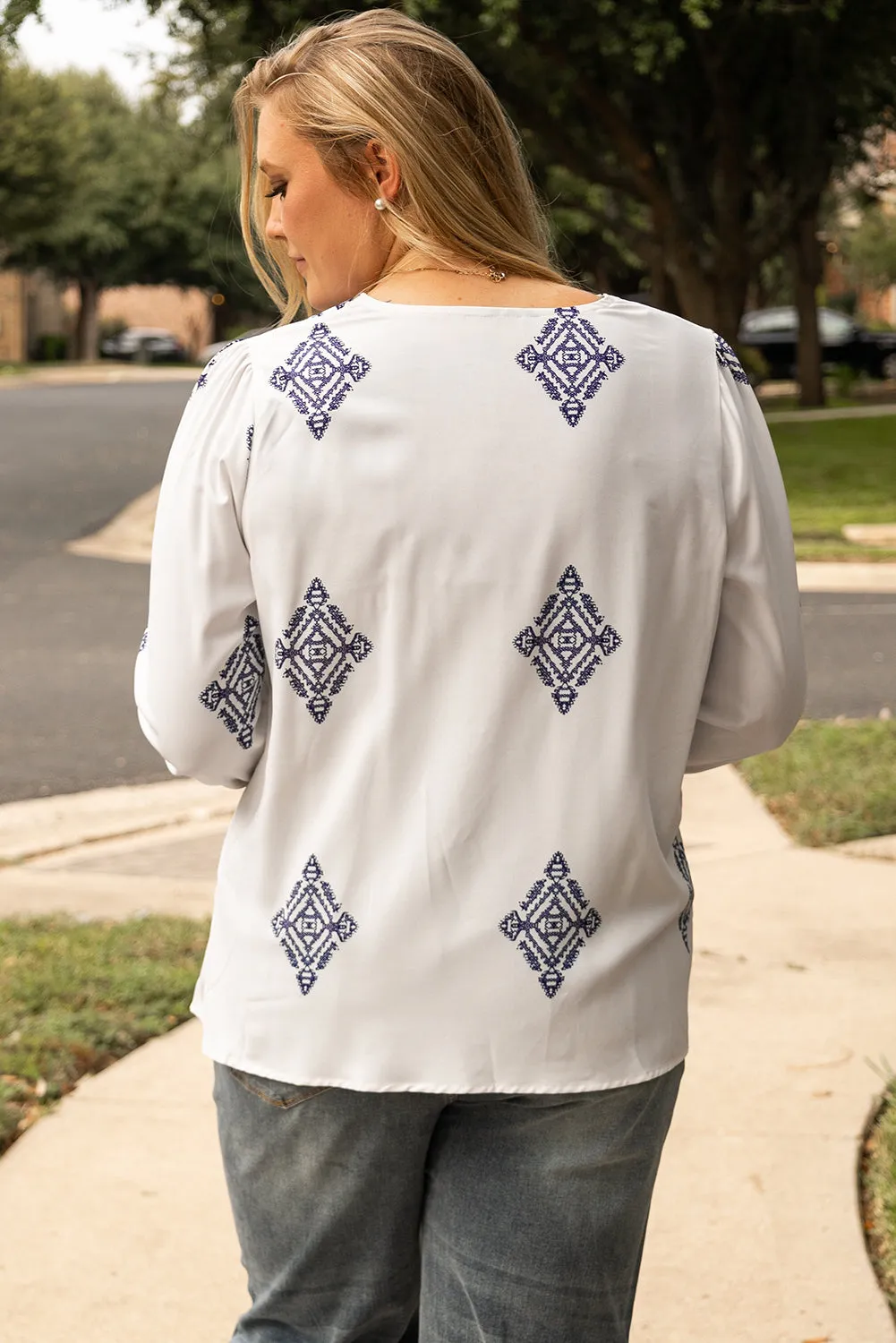 White Boho Geometric Print V Neck Bracelet Sleeve Plus Size Blouse sold by Beagle Boutique product image thumbnail 2